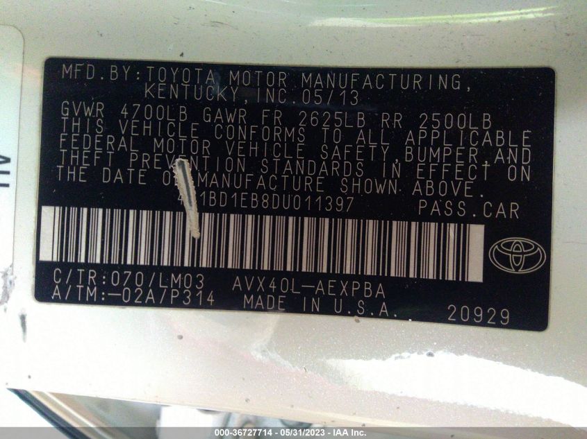 2013 TOYOTA AVALON HYBRID XLE PREMIUM 4T1BD1EB8DU011397