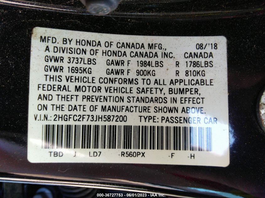 2018 HONDA CIVIC SEDAN EX - 2HGFC2F73JH587200