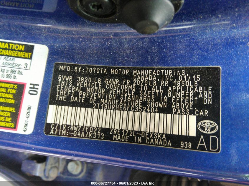 2015 TOYOTA COROLLA L/LE/S/S PLUS/LE PLUS - 2T1BURHE6FC352404