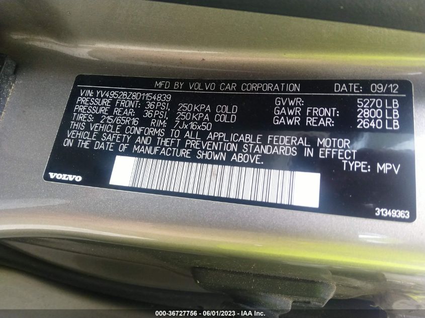 2013 VOLVO XC70 3.2L - YV4952BZ8D1154839