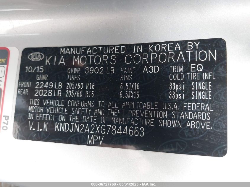 2016 KIA SOUL BASE - KNDJN2A2XG7844663