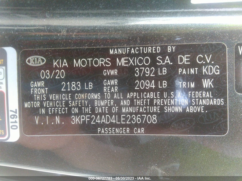 VIN 3KPF24AD4LE236708 2020 KIA FORTE LXS