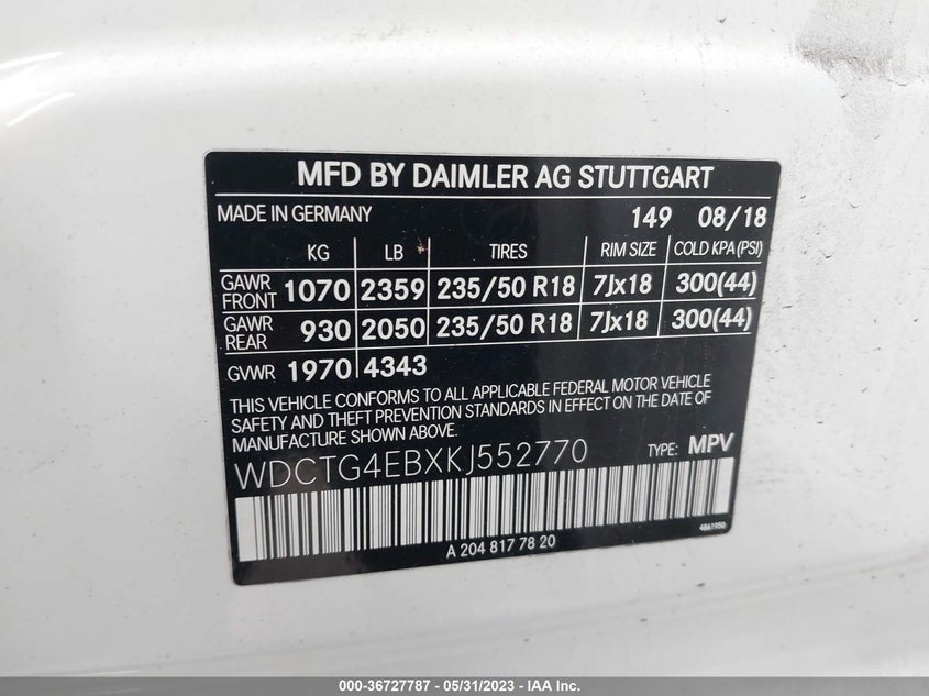 VIN WDCTG4EBXKJ552770 2019 MERCEDES-BENZ GLA GLA 250