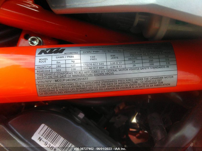 2022 KTM 390 DUKE MD2JPJ403NC251577