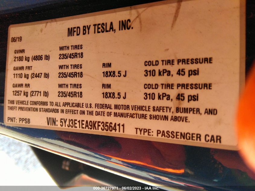 5YJ3E1EA9KF356411 Tesla Model 3 RANGE 9