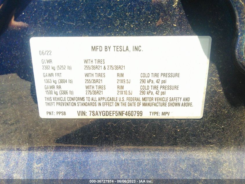 2022 TESLA MODEL Y PERFORMANCE - 7SAYGDEF5NF460799