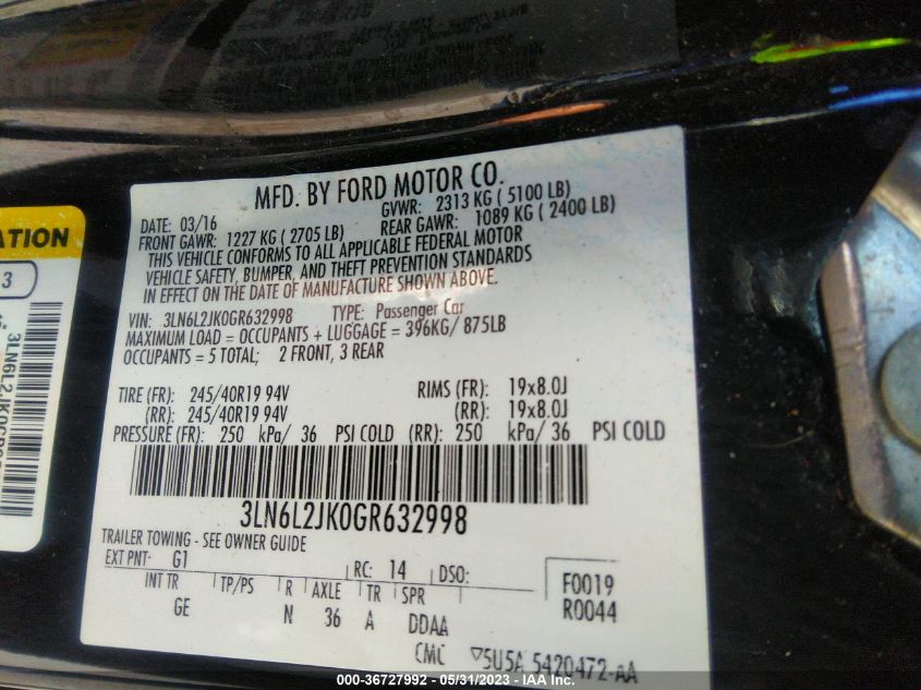2016 LINCOLN MKZ - 3LN6L2JK0GR632998