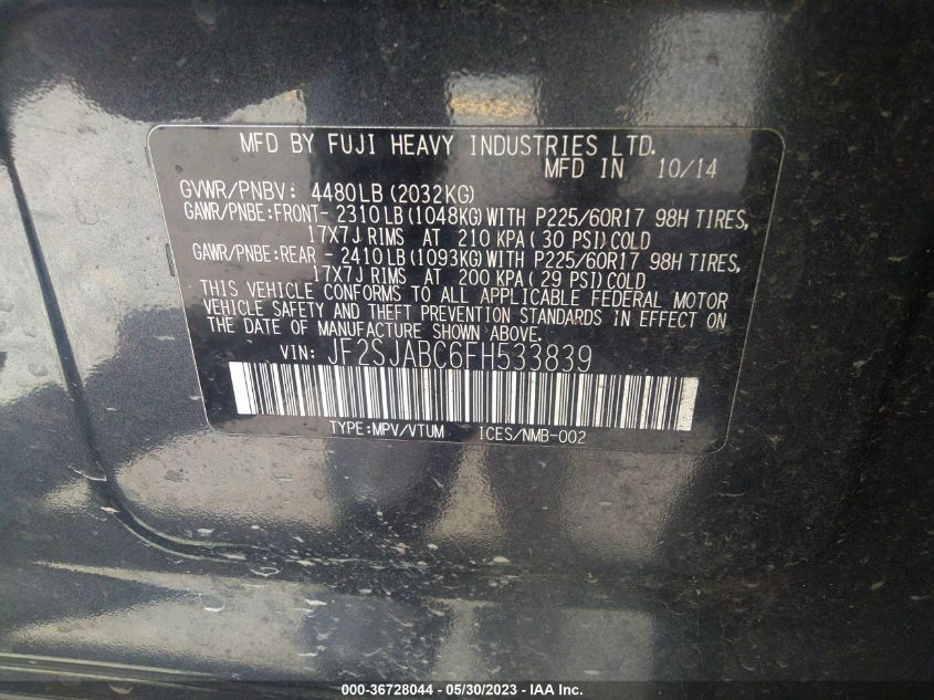 2015 SUBARU FORESTER 2.5I - JF2SJABC6FH533839