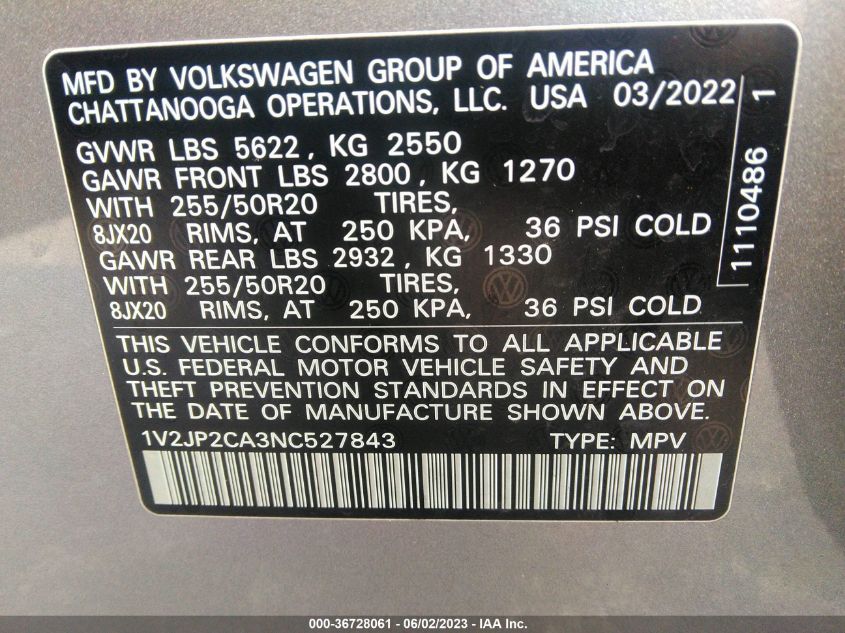 2022 VOLKSWAGEN ATLAS 2.0T SE W/TECHNOLOGY - 1V2JP2CA3NC527843