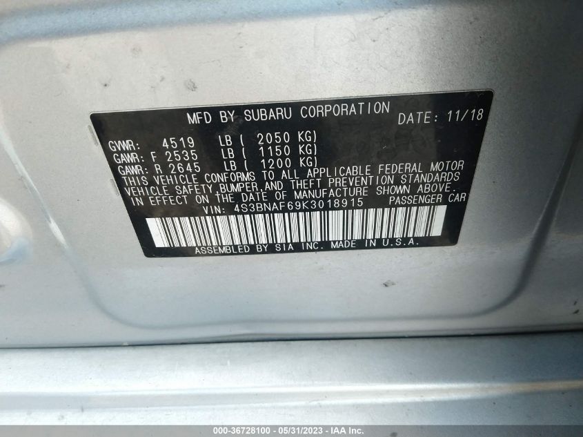2019 SUBARU LEGACY PREMIUM - 4S3BNAF69K3018915