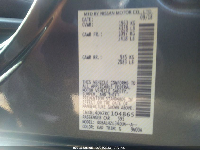 2019 NISSAN ALTIMA 2.5 SV - 1N4BL4DV2KC104865