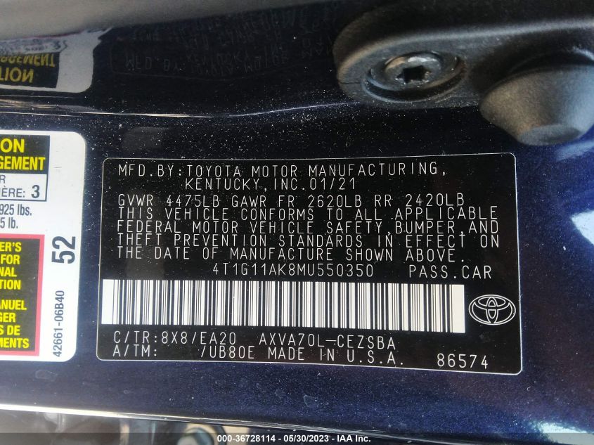 2021 TOYOTA CAMRY SE - 4T1G11AK8MU550350
