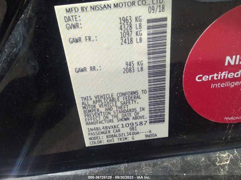2019 NISSAN ALTIMA 2.5 S - 1N4BL4BVXKC109587