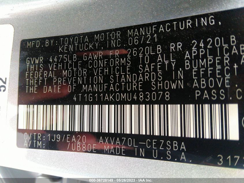 2021 TOYOTA CAMRY SE - 4T1G11AK0MU483078