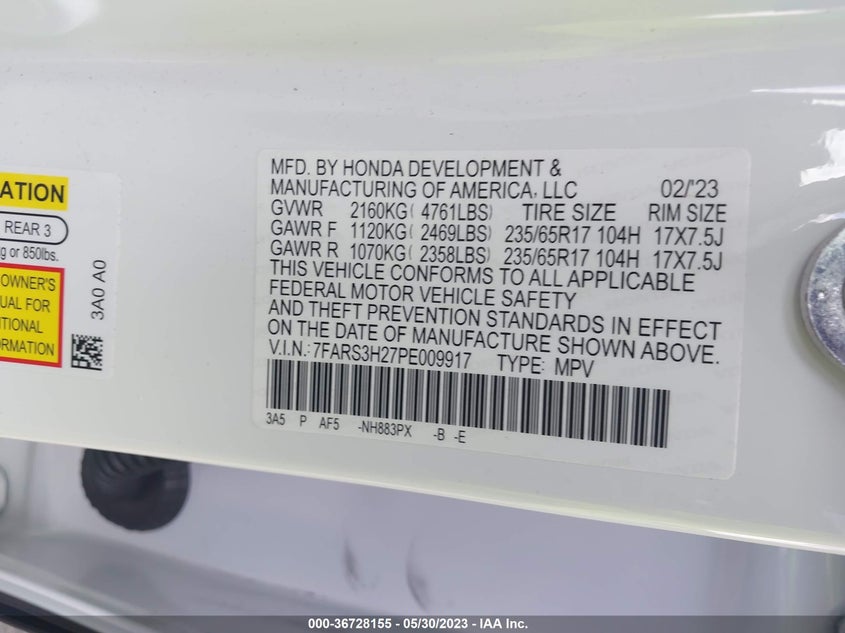 VIN 7FARS3H27PE009917 2023 HONDA CR-V LX