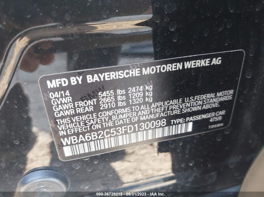 2015 BMW 6 SERIES 650I - WBA6B2C53FD130098