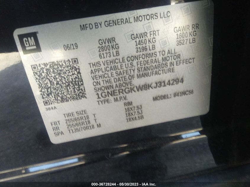 2019 CHEVROLET TRAVERSE LT CLOTH - 1GNERGKW8KJ314294