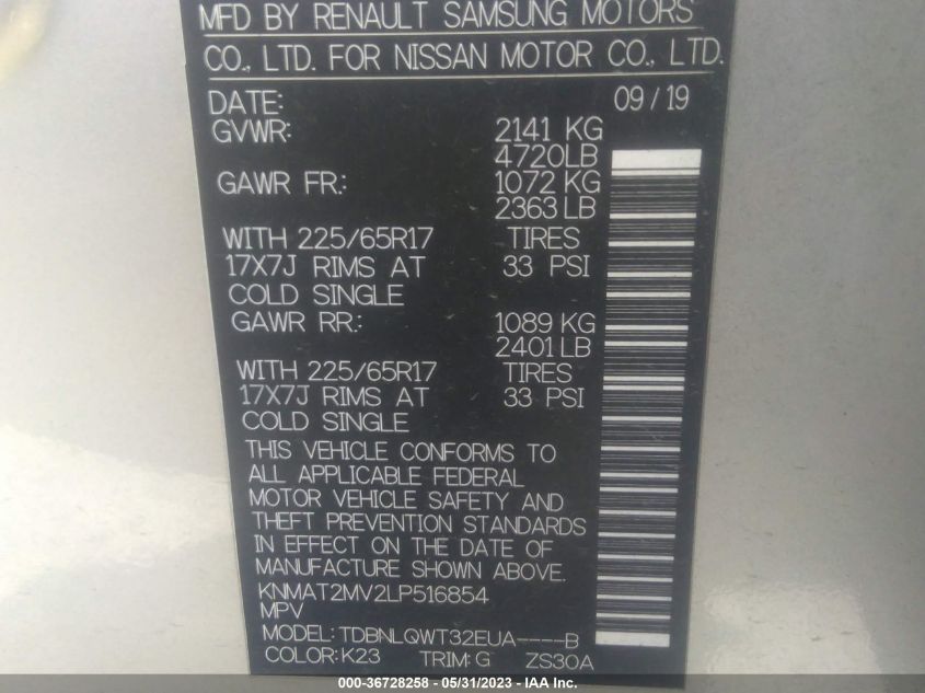 2020 NISSAN ROGUE SV - KNMAT2MV2LP516854