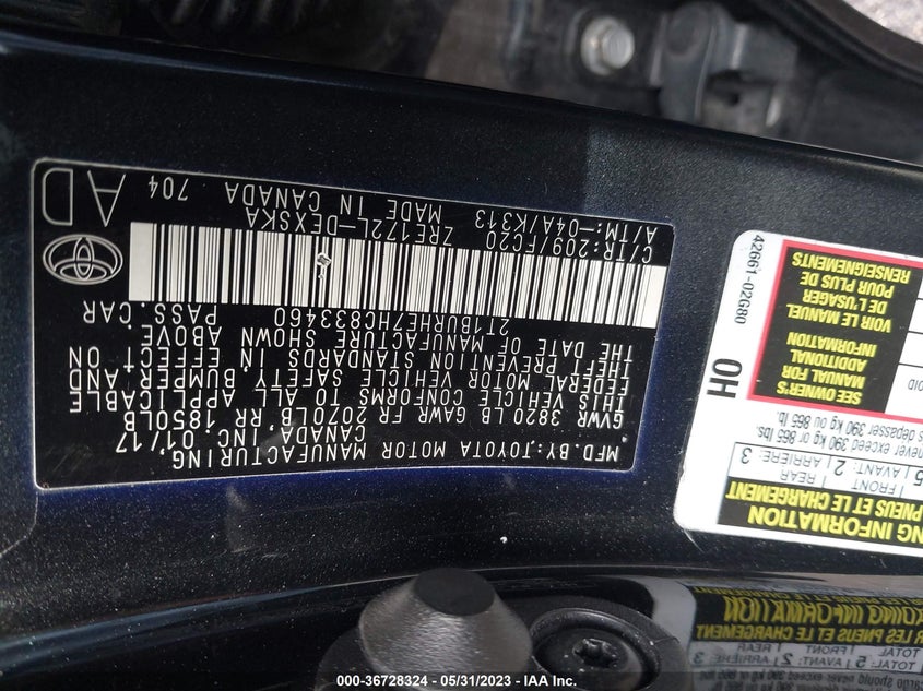 VIN 2T1BURHE7HC833460 2017 TOYOTA COROLLA L/LE/XLE/SE