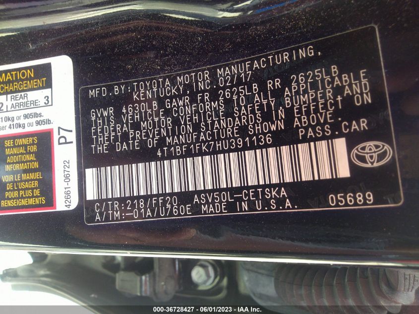 2017 TOYOTA CAMRY XLE/SE/LE/XSE - 4T1BF1FK7HU391136