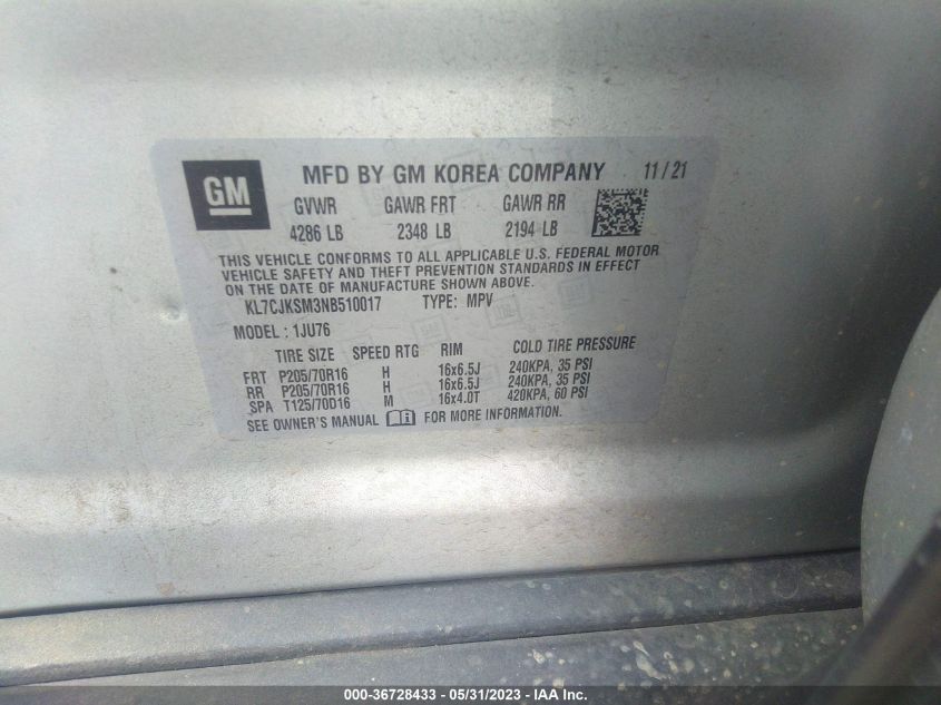 2022 CHEVROLET TRAX LS - KL7CJKSM3NB510017