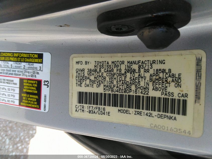 2013 TOYOTA COROLLA L/LE/S - 5YFBU4EE0DP161422