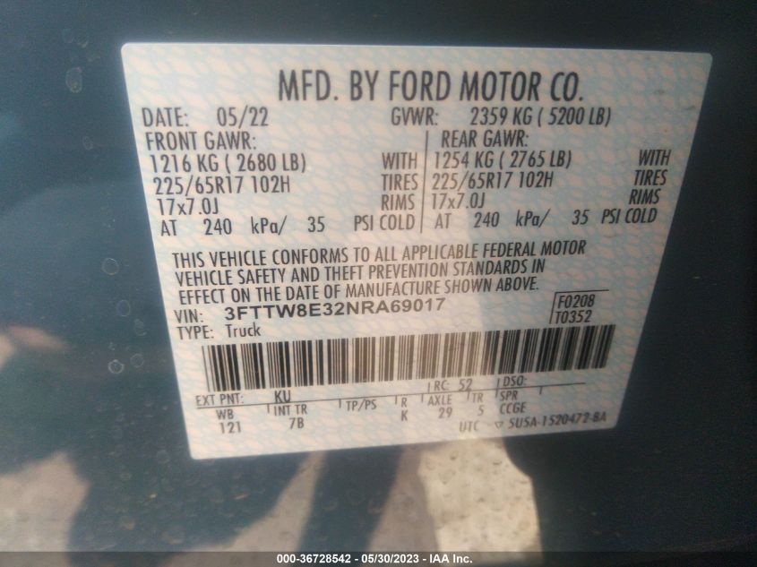 2022 FORD MAVERICK XL/XLT/LARIAT - 3FTTW8E32NRA69017