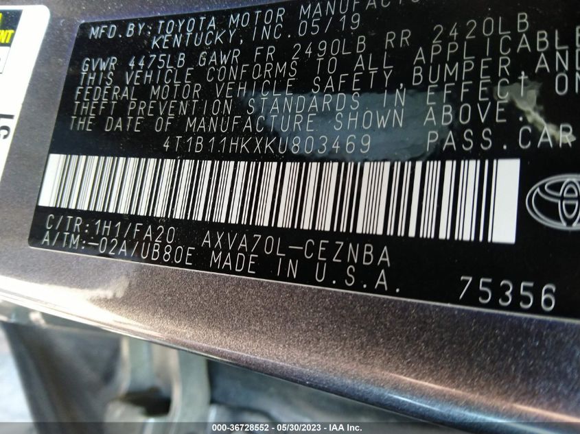 2019 TOYOTA CAMRY LE/SE/XLE/L - 4T1B11HKXKU803469
