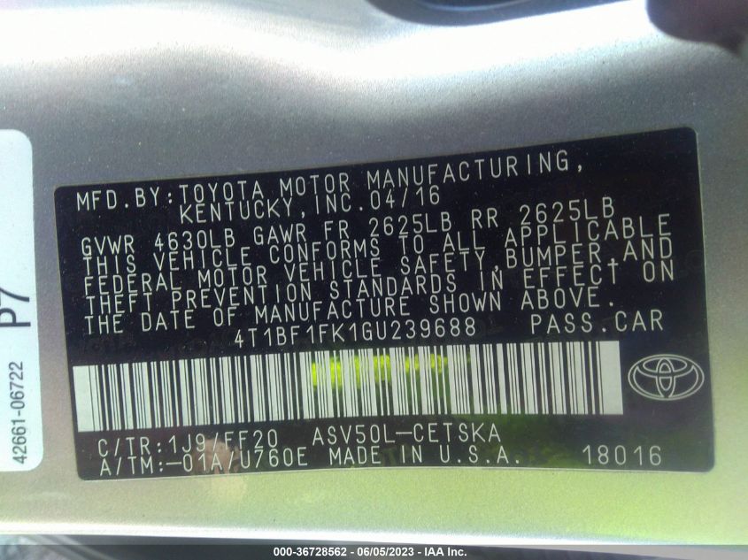 2016 TOYOTA CAMRY XLE/SE/LE/XSE - 4T1BF1FK1GU239688