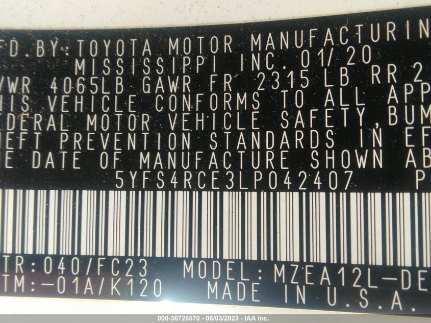 2020 TOYOTA COROLLA SE/NIGHTSHADE - 5YFS4RCE3LP042407