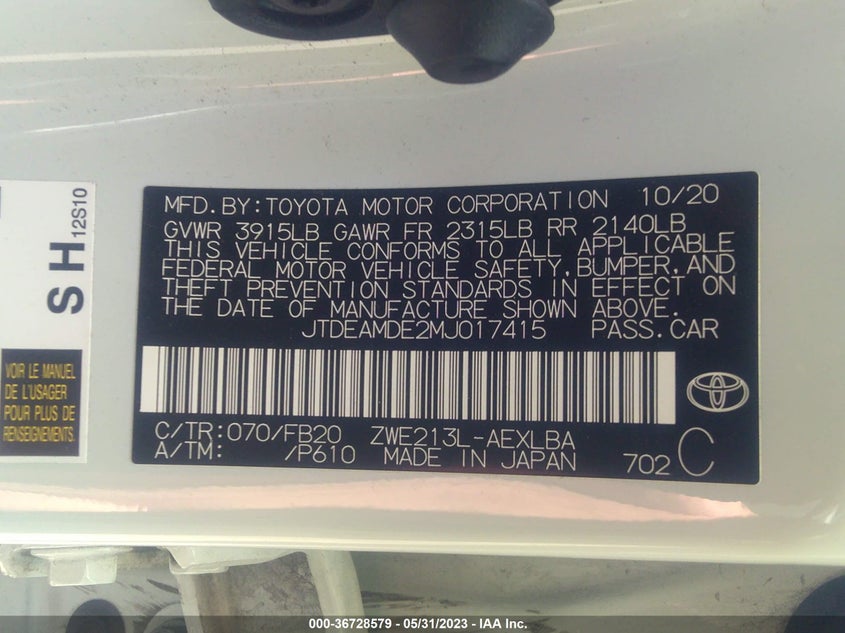 VIN JTDEAMDE2MJ017415 2021 TOYOTA COROLLA HYBRID LE