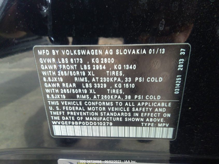 2013 VOLKSWAGEN TOUAREG LUX - WVGEF9BP0DD010279