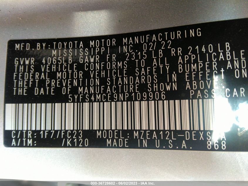 2022 TOYOTA COROLLA SE/SE NIGHTSHADE/APEX SE - 5YFS4MCE9NP109906