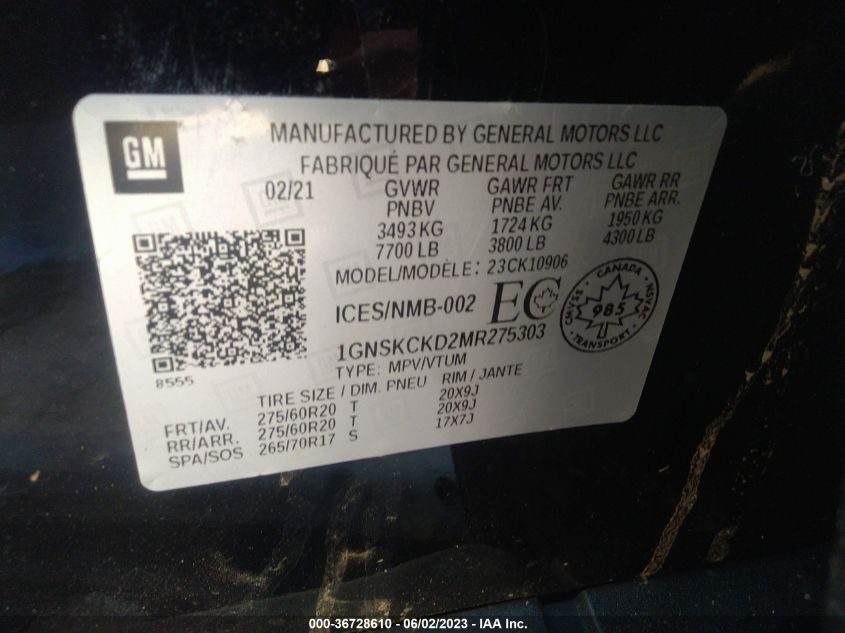 2021 CHEVROLET SUBURBAN LT - 1GNSKCKD2MR275303