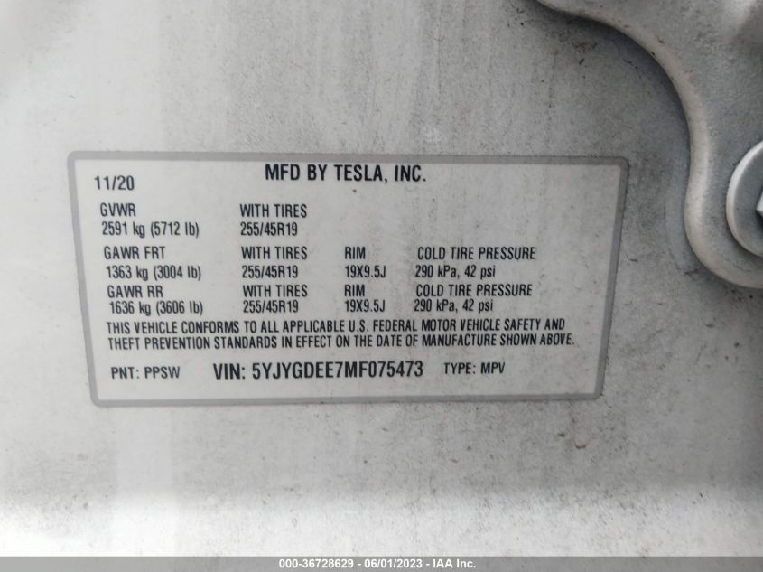 2021 TESLA MODEL Y LONG RANGE - 5YJYGDEE7MF075473