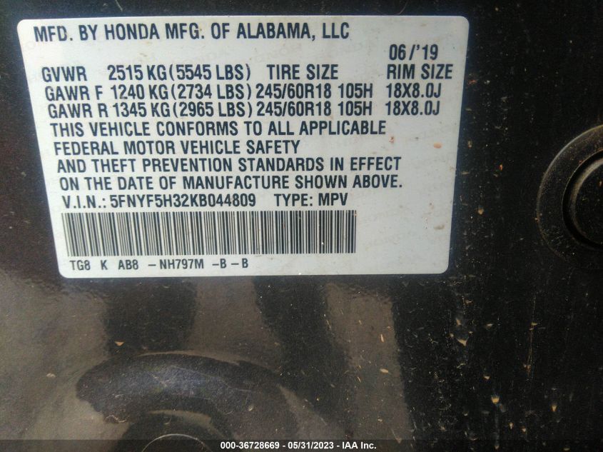 2019 HONDA PILOT EX - 5FNYF5H32KB044809