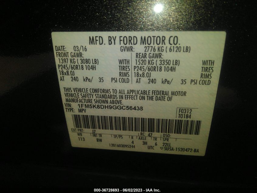 2016 FORD EXPLORER XLT - 1FM5K8DH9GGC56438