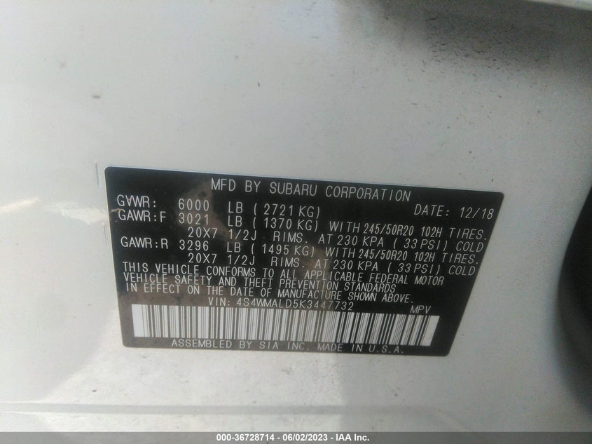 VIN 4S4WMALD5K3447732 2019 SUBARU ASCENT LIMITED