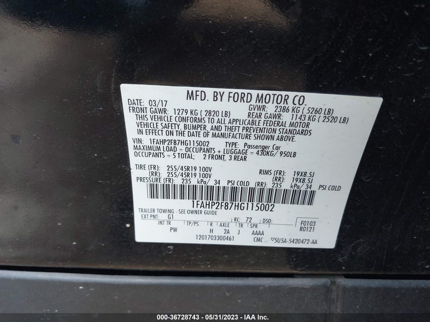 VIN 1FAHP2F87HG115002 2017 FORD TAURUS LIMITED