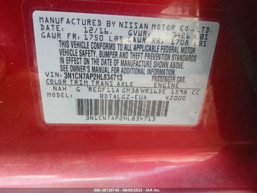 2017 NISSAN VERSA SEDAN SL - 3N1CN7AP2HL834713
