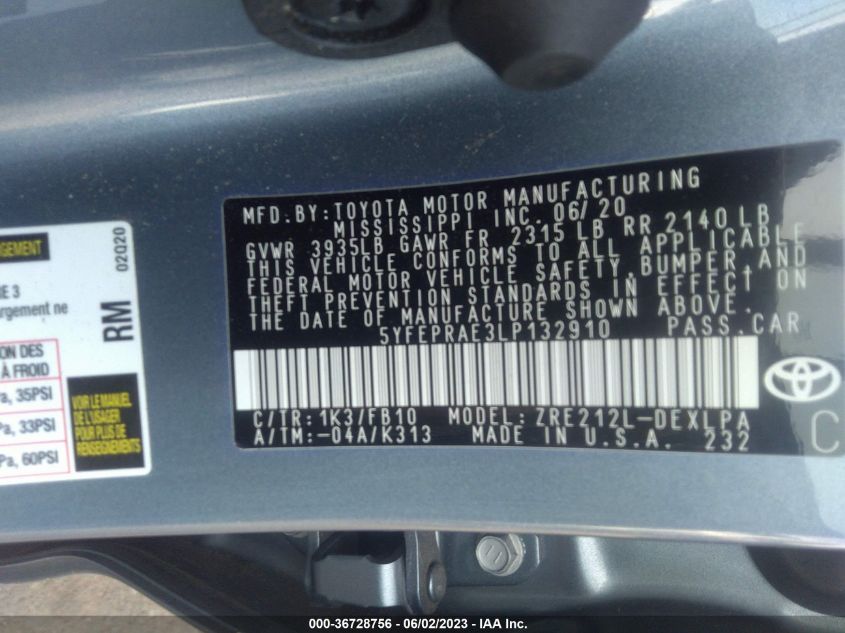 2020 TOYOTA COROLLA LE - 5YFEPRAE3LP132910