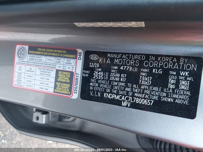 VIN KNDPMCAC7L7800657 2020 KIA SPORTAGE LX