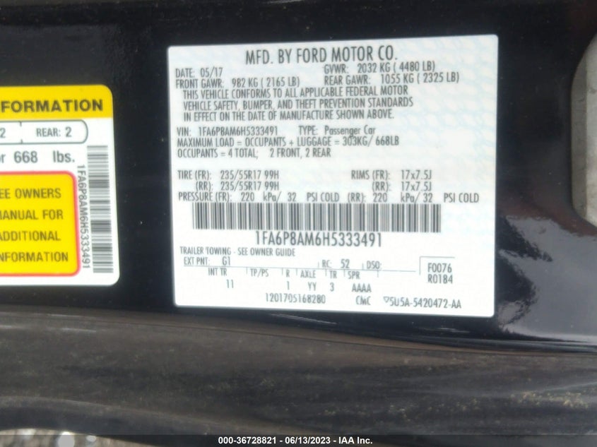VIN 1FA6P8AM6H5333491 2017 FORD MUSTANG V6