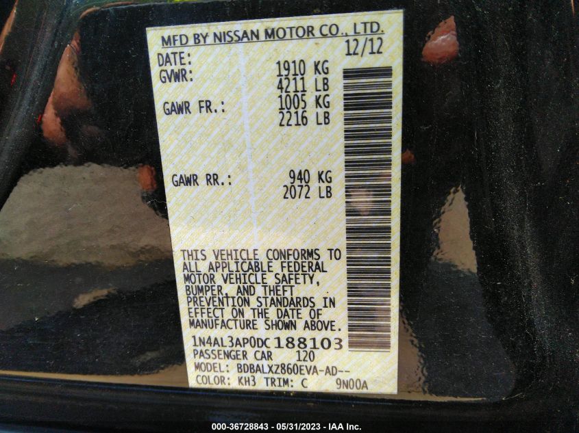 2013 NISSAN ALTIMA 2.5 SL - 1N4AL3AP0DC188103