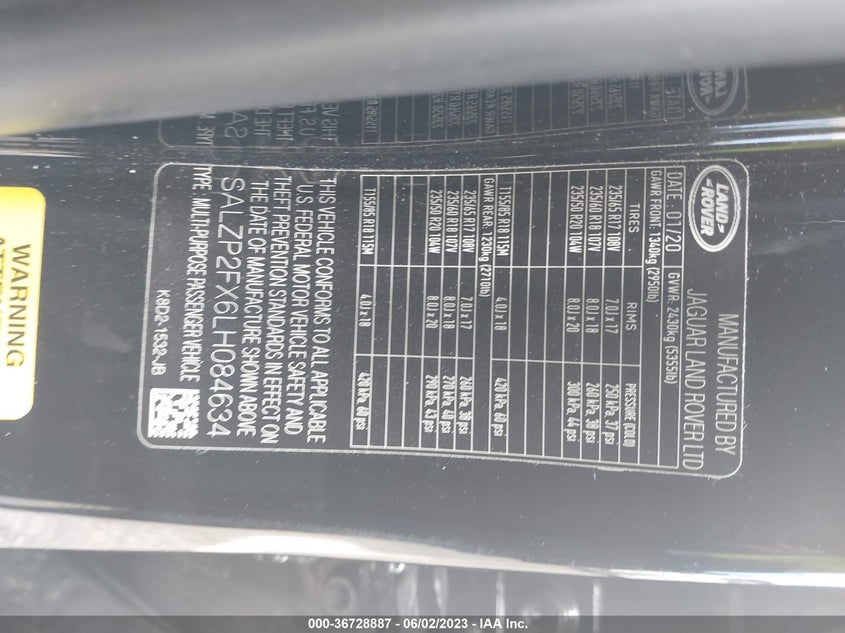 VIN SALZP2FX6LH084634 2020 LAND ROVER RANGE ROVER EVOQUE SE