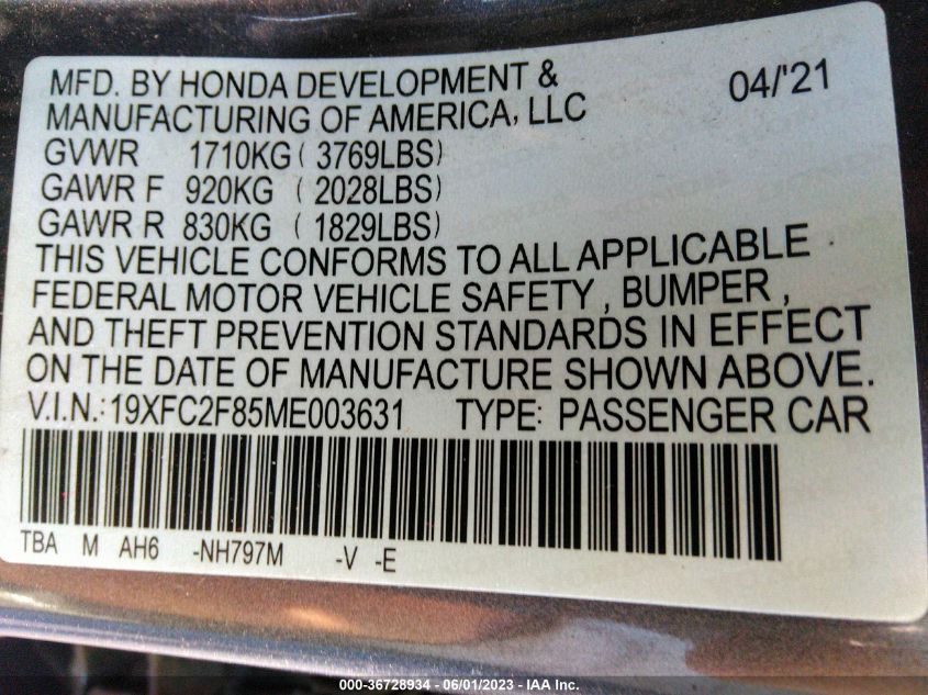 2021 HONDA CIVIC SEDAN SPORT - 19XFC2F85ME003631