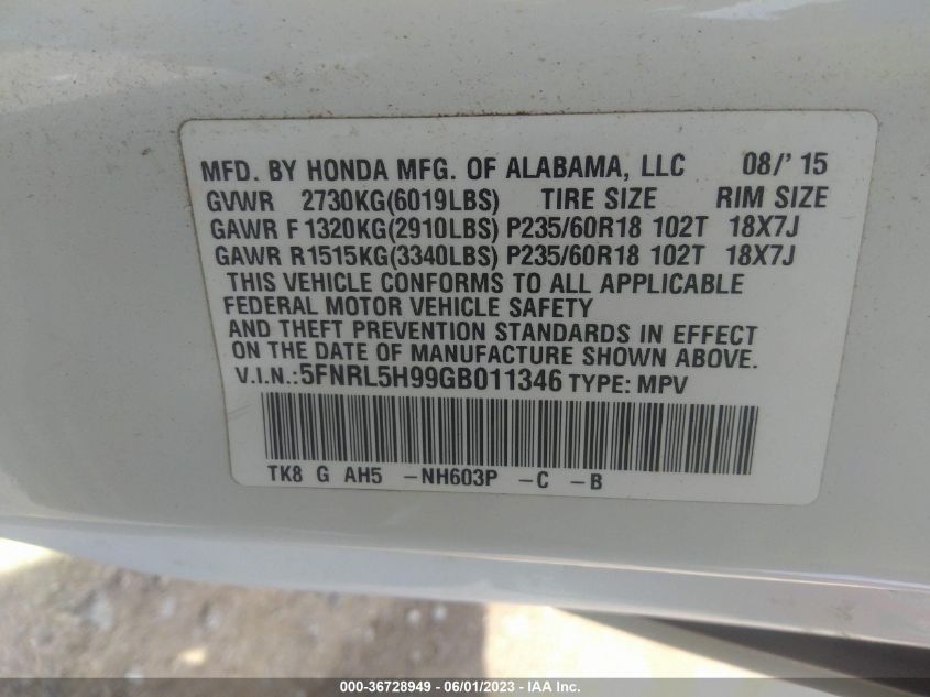 2016 HONDA ODYSSEY TOURING - 5FNRL5H99GB011346