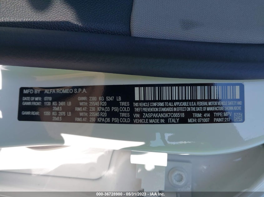 VIN ZASPAKAN3K7C66518 2019 ALFA ROMEO STELVIO SPORT