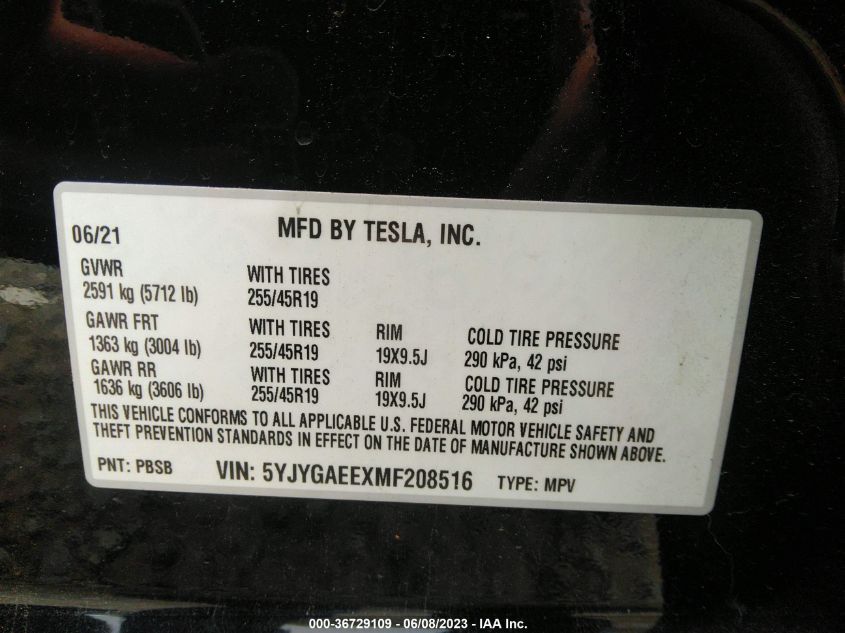 2021 TESLA MODEL Y LONG RANGE - 5YJYGAEEXMF208516