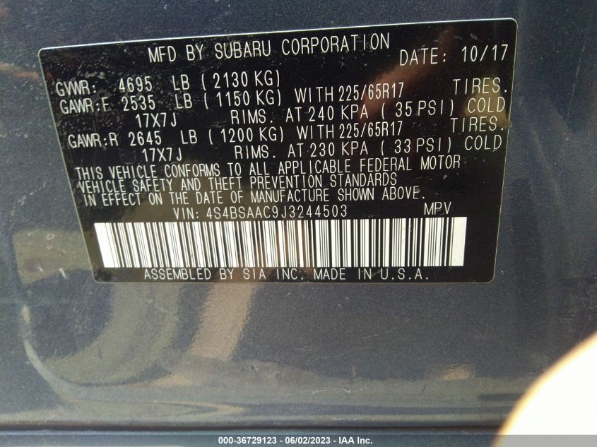 2018 SUBARU OUTBACK - 4S4BSAAC9J3244503